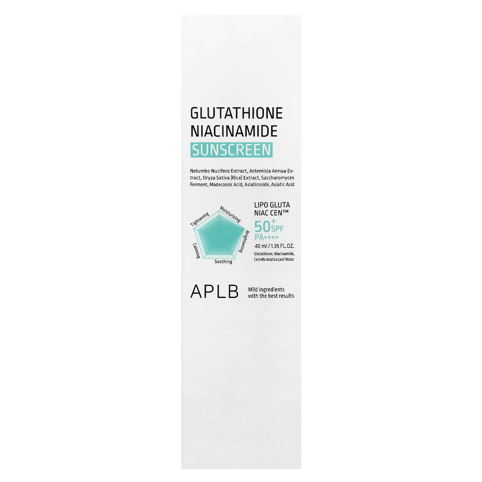 APLB glutathione niacinamide sunscreen SPF50 PA++++ lightweight sun protection brightening and soothing front 2