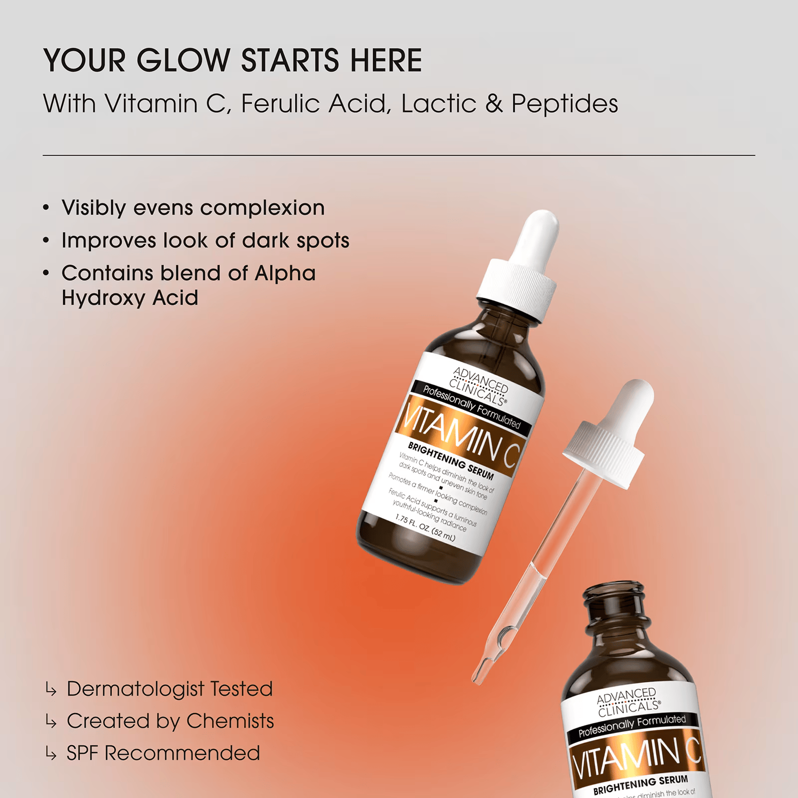 Vitamin C brightening serum for dark spots, uneven skin tone and radiant glowing skin by Advanced Clinicals dermatologist tested