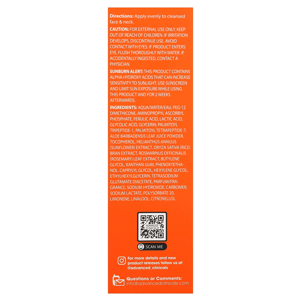 Vitamin C brightening serum for dark spots, uneven skin tone and radiant glowing skin by Advanced Clinicals package back