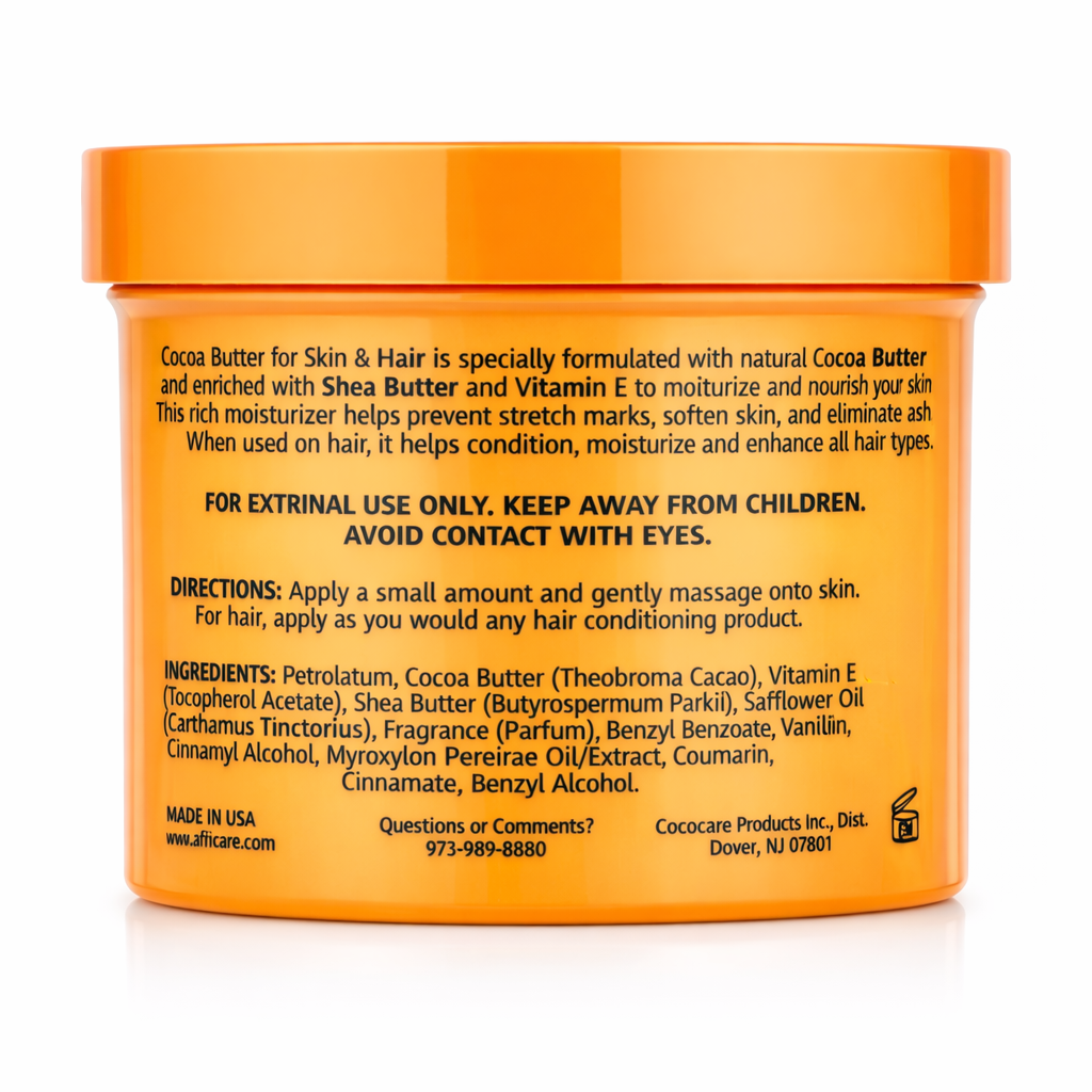 Africare Cocoa Butter for Skin and Hair 10.5 oz moisturizing body and hair butter with shea butter and vitamin E back view