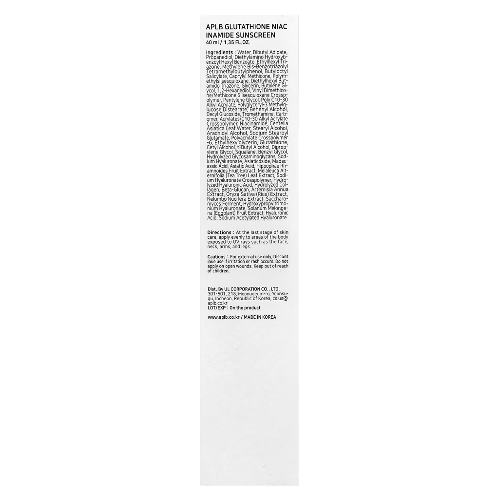 APLB glutathione niacinamide sunscreen SPF50 PA++++ lightweight sun protection brightening and soothing back