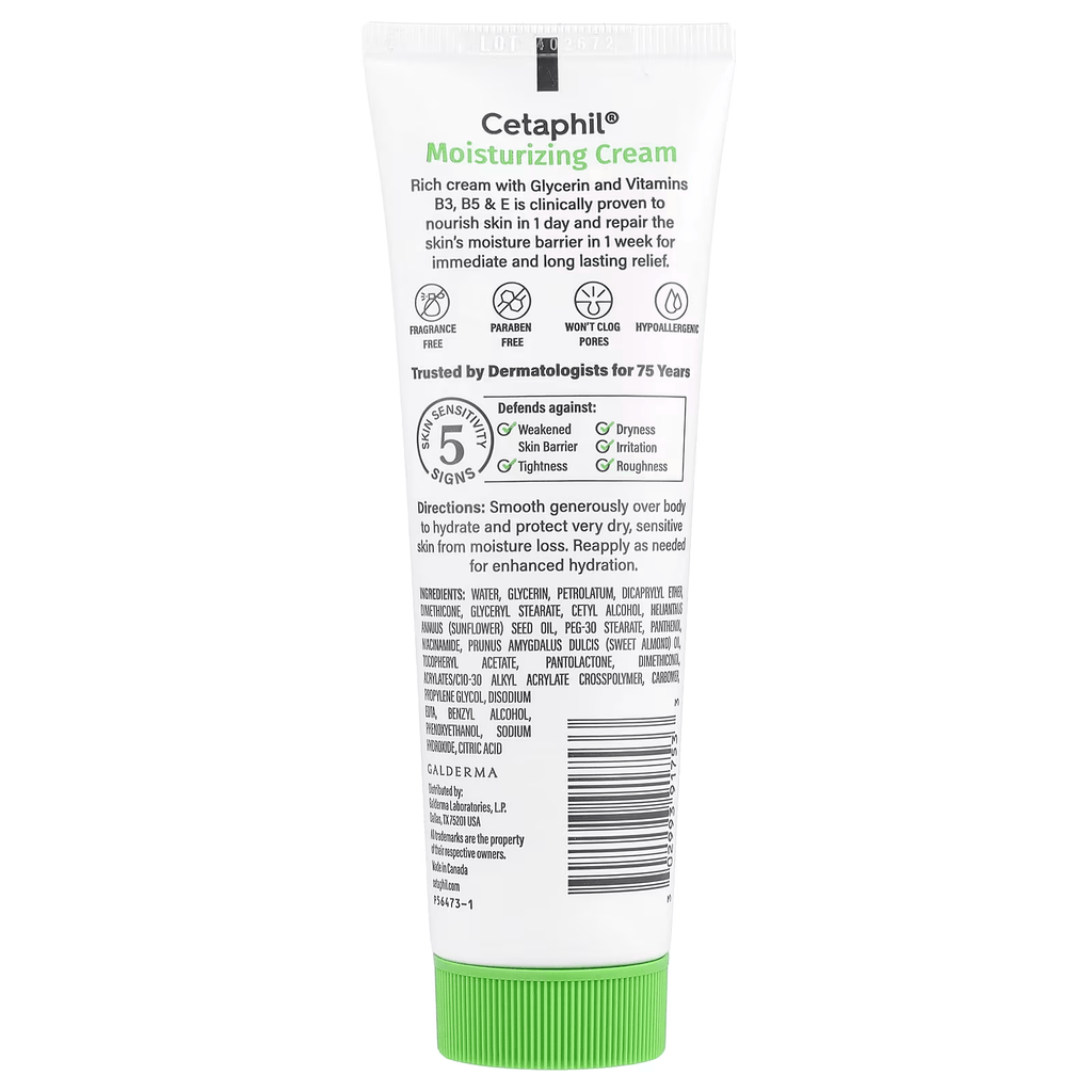 Cetaphil moisturizing cream for dry to very dry skin with glycerin and vitamins B3 and B5 85g back
