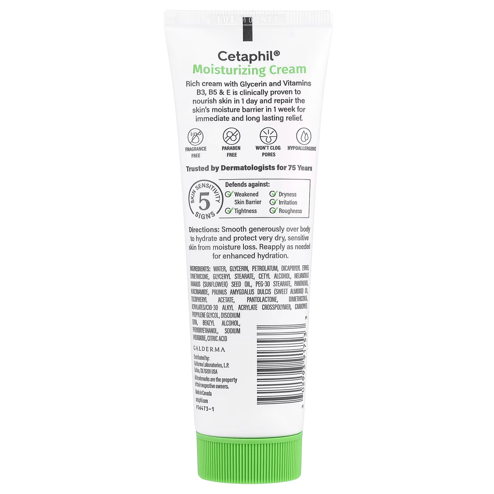 Cetaphil moisturizing cream for dry to very dry skin with glycerin and vitamins B3 and B5 85g back