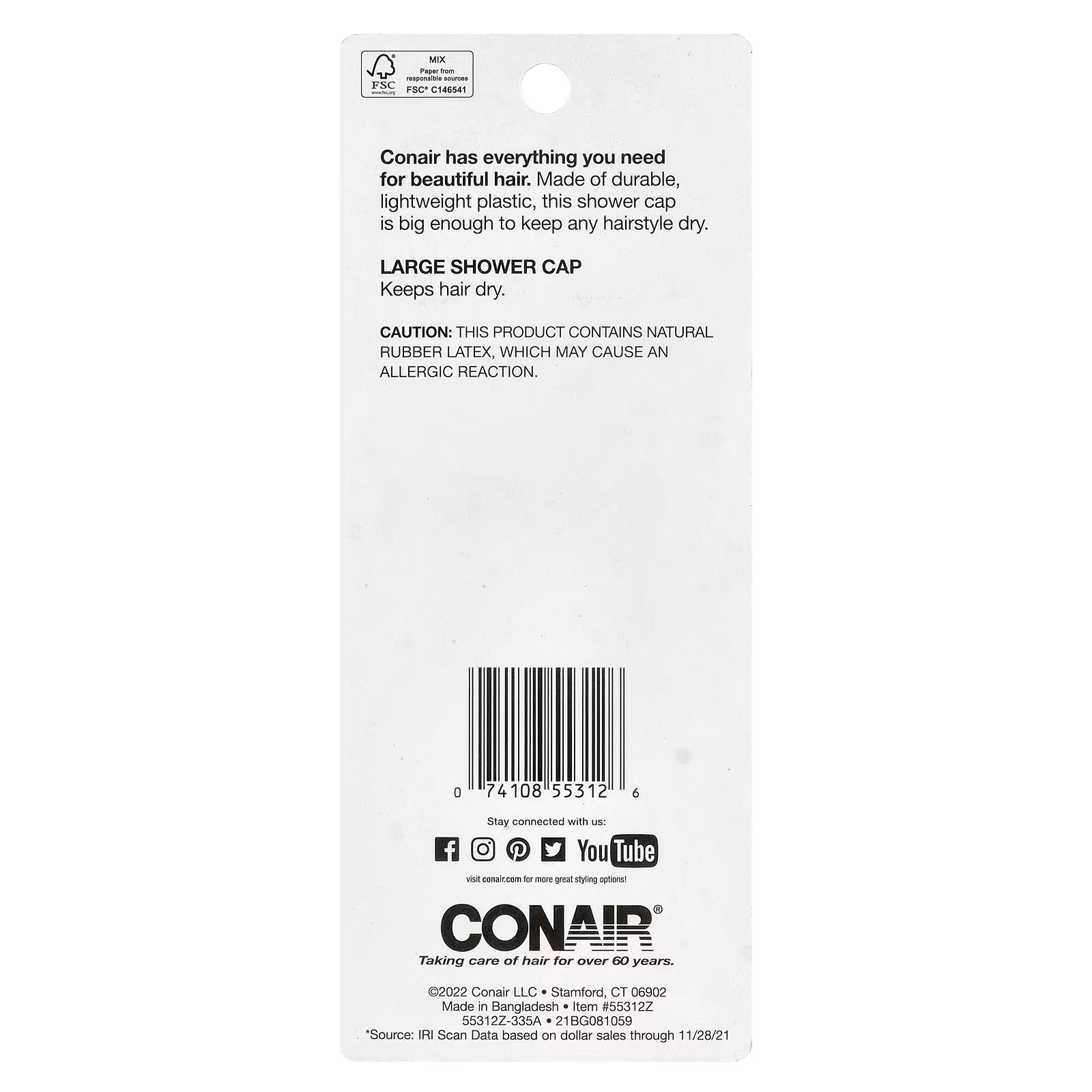 Conair large shower cap waterproof durable reusable hair cover for protecting hair from moisture back