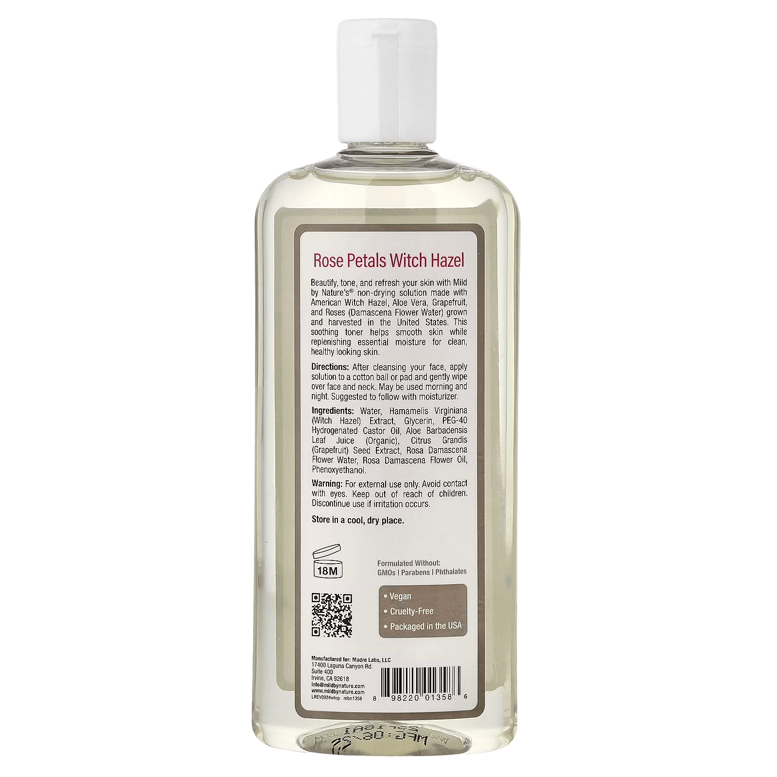 Mild By Nature Rose Petals Witch Hazel toner 355ml for cleansing toning and moisturizing skin back