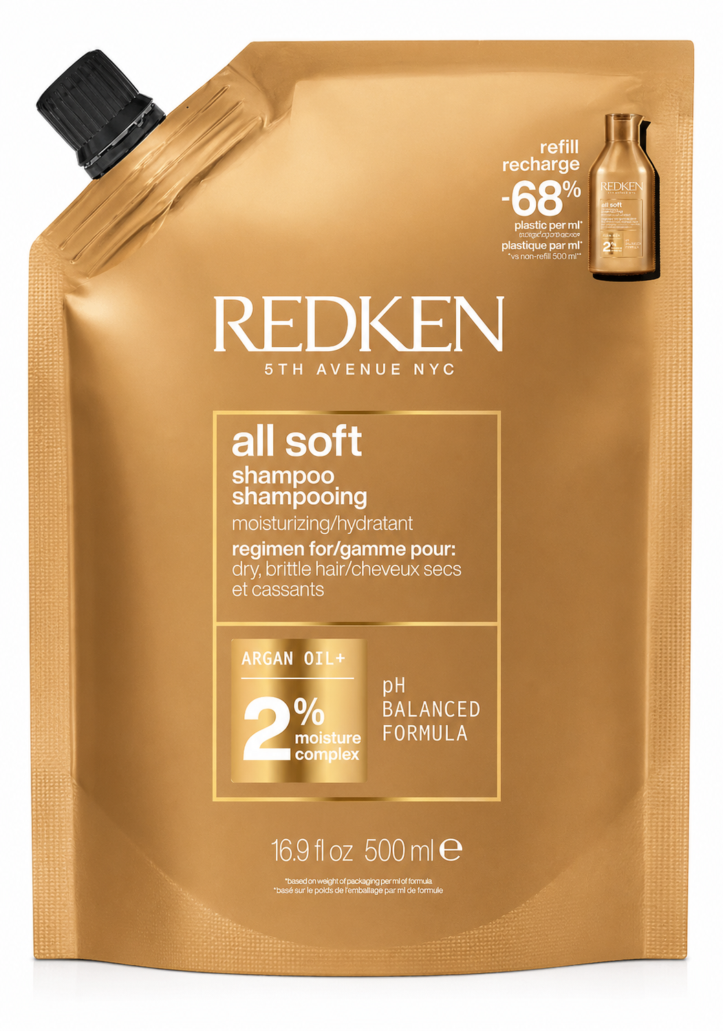 Redken All Soft Shampoo moisturizing formula for dry and brittle hair with argan oil 500ml refil